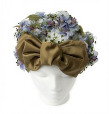 Vintage Blue Hydrangea Fascinator Hat with Large Olive Satin Bow Floral Headpi