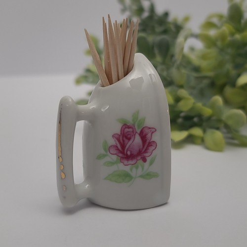 Vintage Mini Porcelain Iron Pink Floral Gold Trim Toothpick Matchstick Holder