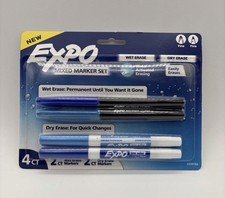 Expo 4ct Fine Mixed 2 Dry / 2 Wet Erase Marker Assorted Blue, NEW