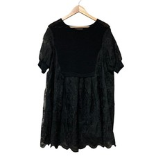 FRENCH PAVE Lace Paneled Short Sleeve Flared Mini Dress in Black Women USED
