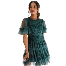 Ivy City Co Short Mini Whimsical Dress Emerald Green Tiered Lace Ruffle Small