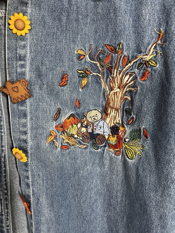 Винтажная джинсовая рубашка 90-х только мой размер на пуговицах вышитая осень листья осень 2X - Изображение 2 из 4