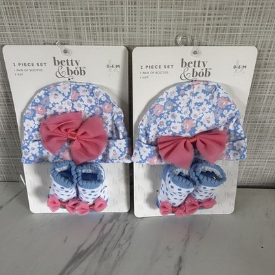 Baby Girl Booties & Beanie Hat 0-6 Months Lot of 2 Sets Twins Betty & Bob BxY
