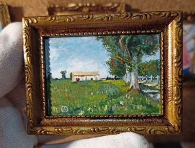 Original Ölgemälde 4,3 x 6 cm. Van Gogh Landschaft ''Haus in einem Weizenfeld''.