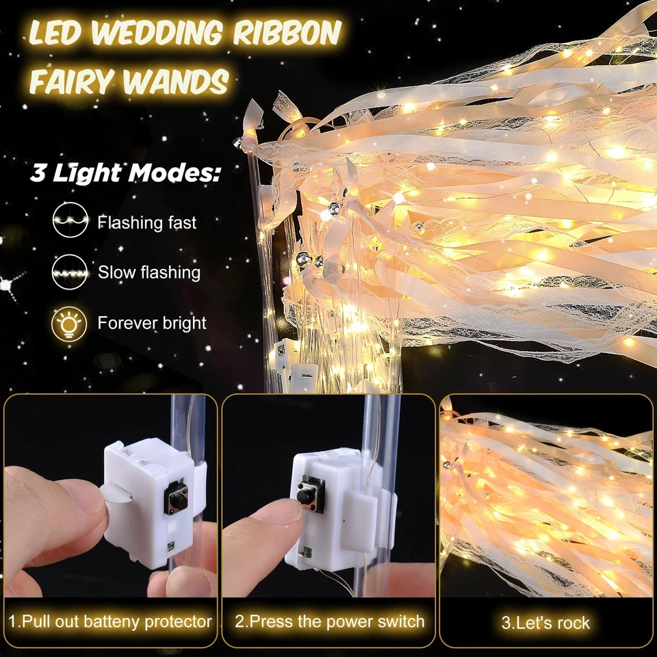 58 peças varinhas de casamento com luzes, varinhas de fadas, varinha de fadas de seda LED com sinos... - Imagem 3 de 4