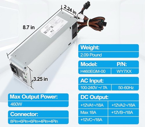 NEW 4FWF7 460W Power Supply Fit Dell XPS 8940 MT 04FWF7 H460EGM-00 D460E001P US - Afbeelding 4 van 4