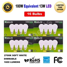 16 Pack Maxlite 100W Replacement 13W LED Bulb Light Soft White 2700K  A19