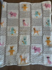 Vtg Baby Handmade Crochet Afghan Blanket Pastel Animal Duck Cat Bunny Sweet Girl