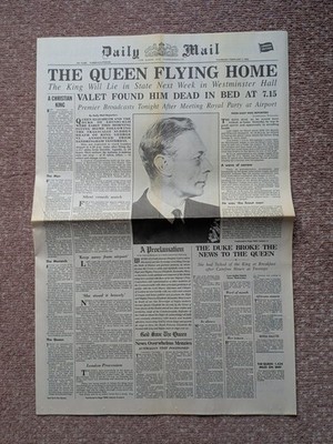 7. Februar 1952 Daily Mail - Die Königin fliegt nach Hause (Tod des Königs) Zeitung