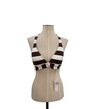 PilyQ Godiva Banded Halter Bikini Top Brown White Stripe NWT Size Large