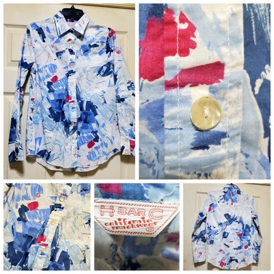 H Bar C Shirt Womens 38 Blue White Western Cowboy Rodeo Retro Ranchwear Top Art