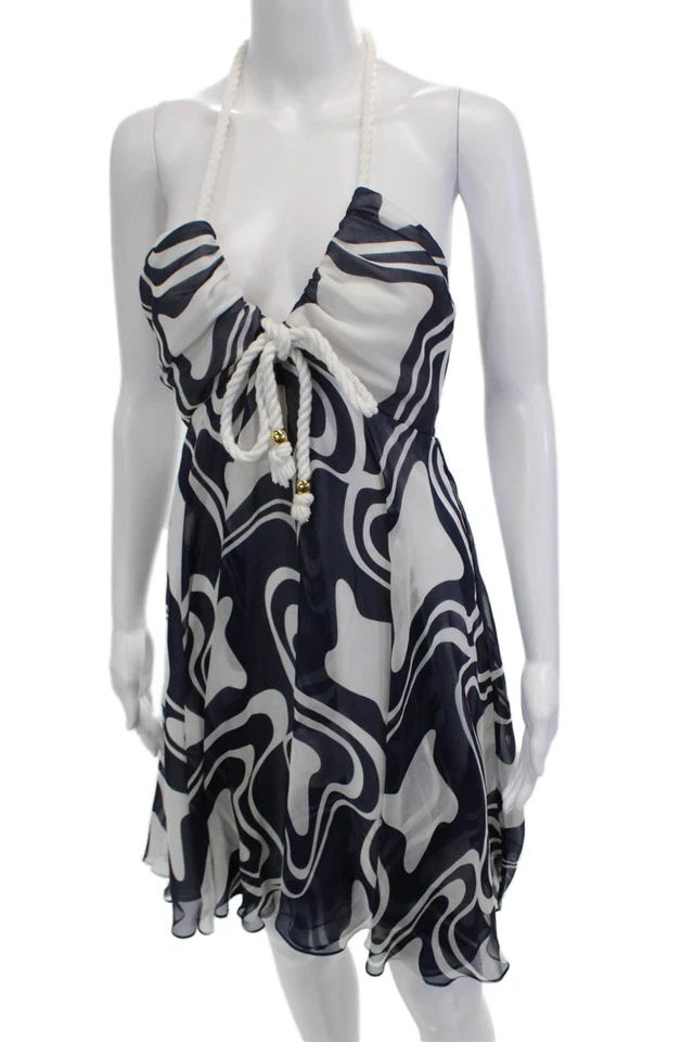 Milly Women Sundress Knee-Length Silk Geometric Dark Blue Size 6 - Image 2 of 4