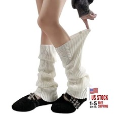 Women s Cable Knit Leg Warmers Winter Slouch Knee high Boot Socks 955-white