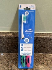 Brush Buddies Travel Toothbrush Value Pack 2 Pcs Folds Neatly Ergonomic Grip