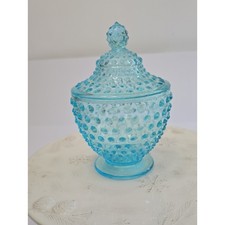 Vintage Fenton Art Glass Opalescent Blue Hob Nail Footed Candy Dish Jar Lid