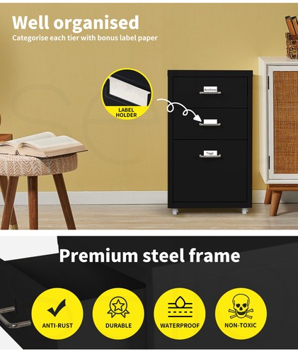 Levede 3 Drawer Office Drawers Cabinet Storage Cabinets Steel Rack Home Black - Picture 4 of 11