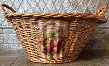 Vtg Oval Wicker Basket W/Handles Decoupaged Strawberries 14” x 10.5” x 7.5”