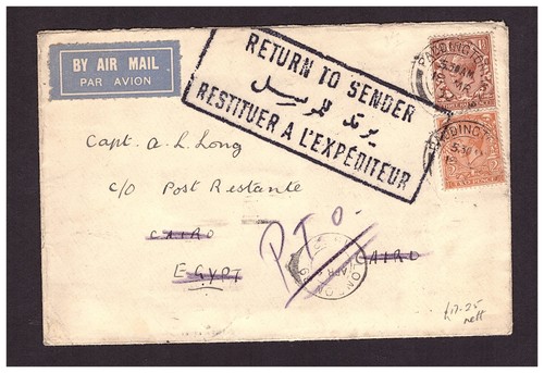 Ägypten - 1938 "Return to Sender" Brief von London nach Kairo & wieder zurück.