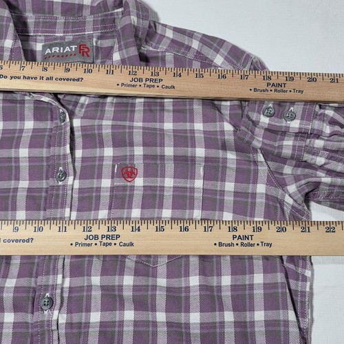 Ariat Flannel Shirt Womens L CAT2 2112 FR Purple Plaid Embroidered Logo Workwear - Picture 12 of 14