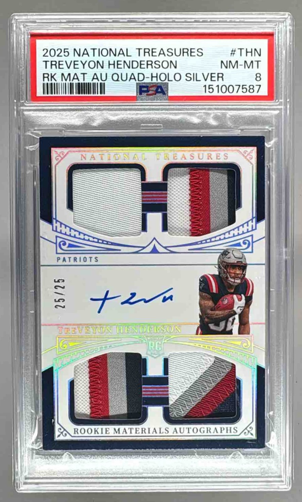 TreVeyon Henderson Panini National Treasures Rookie Materials Autographs Quad #THN Holo Silver