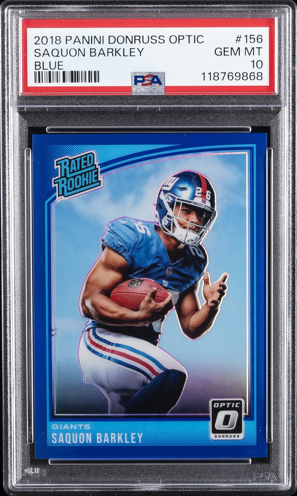 2018 PANINI DONRUSS OPTIC BLUE #156 SAQUON BARKLEY ROOKIE RC 117/149 PSA 10