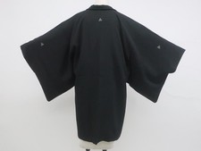 Japanese Vintage Haori Black Jacket Silk Triple Crests Ground Pattern eb-1211