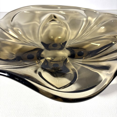 MCM Murano Style Art Glass Bowl Four Petal Footed Freeform Smoky Amber 9.5" - Picture 5 of 8