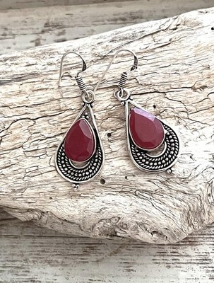 Teardrop Ruby Gemstone Dangle 1.8  Silver Earrings