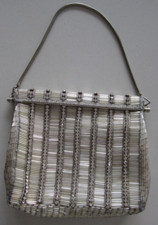 Vintage DELILL Silver Bugle Bead Rhinestone Studded Runway Evening Purse Clutch