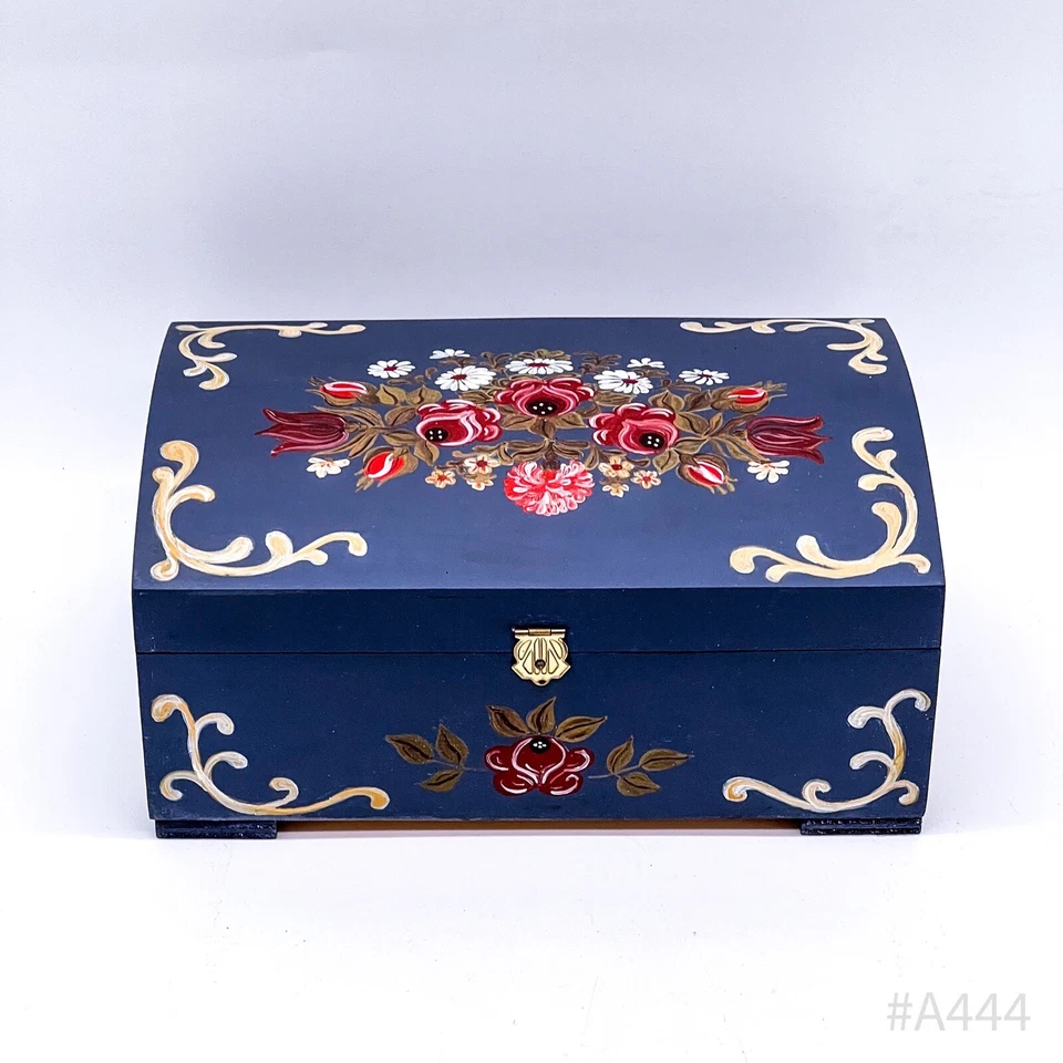 Vintage Truhe aus Holz mit floralem Dekor, handgemalt Blau | 26x17cm - Bild 1 von 4