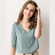 Women Bottoming Short Sleeve Sweater Slim Faux Cashmere Knitted Pullover Shirt