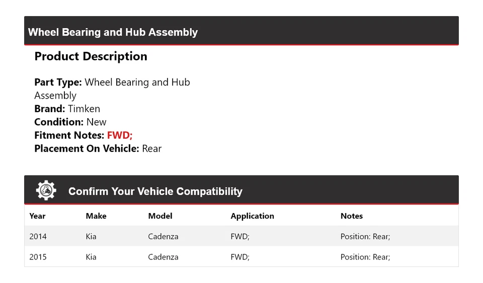 Para 2014-2015 Kia Cadenza FWD Rodamiento de rueda y ensamblaje de cubo trasero Timken Foto 2 de 4