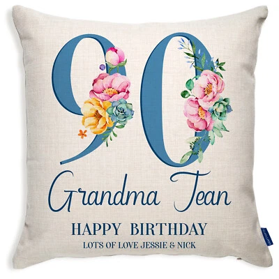KRAFTYGIFTSUK Personalised 90th Birthday Cushion Cover Floral Grandma Auntie Mum Gift BC07
