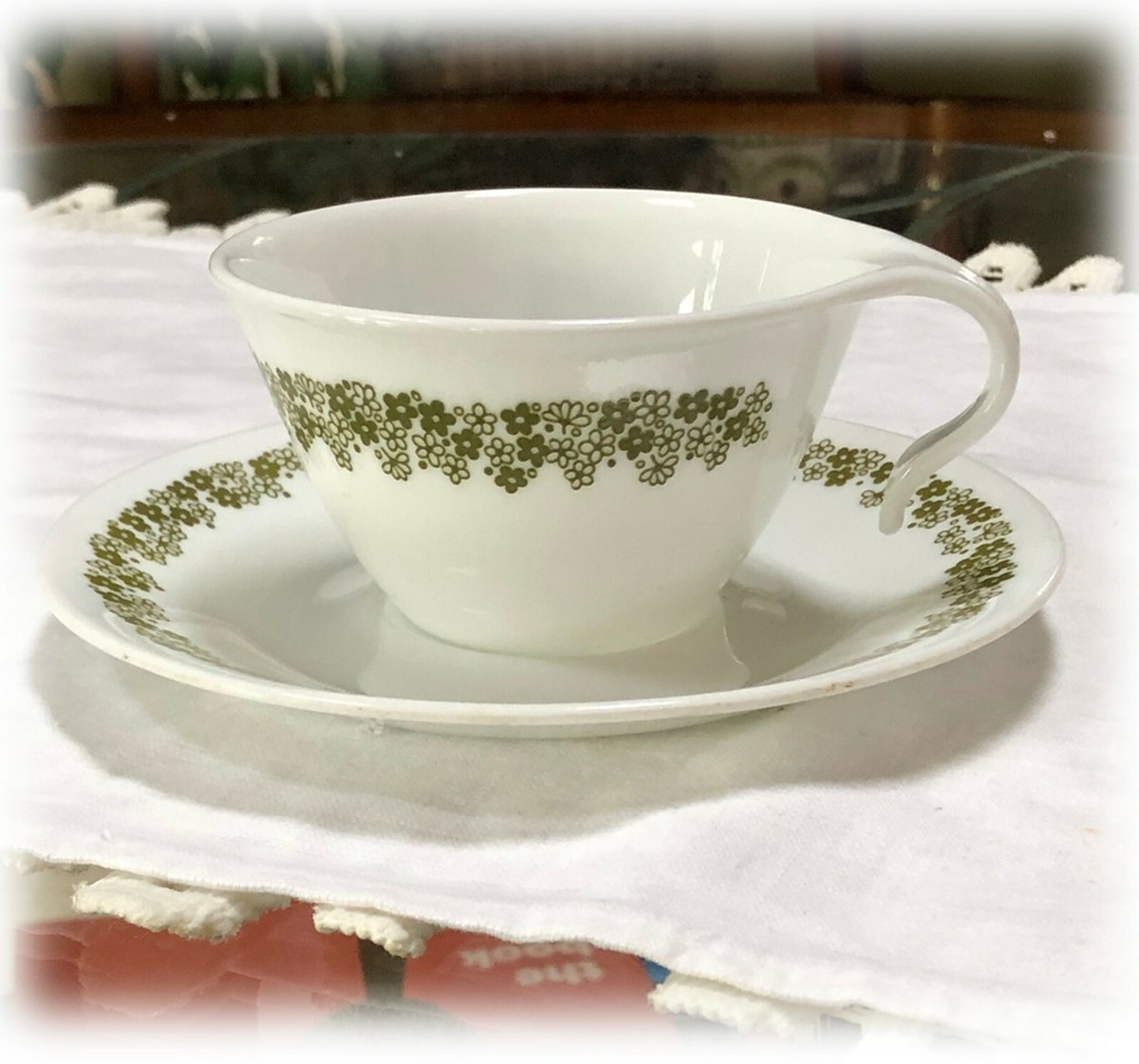 VTG Corning Ware Corelle Spring Blossom CUP & SAUCER Green Flowers