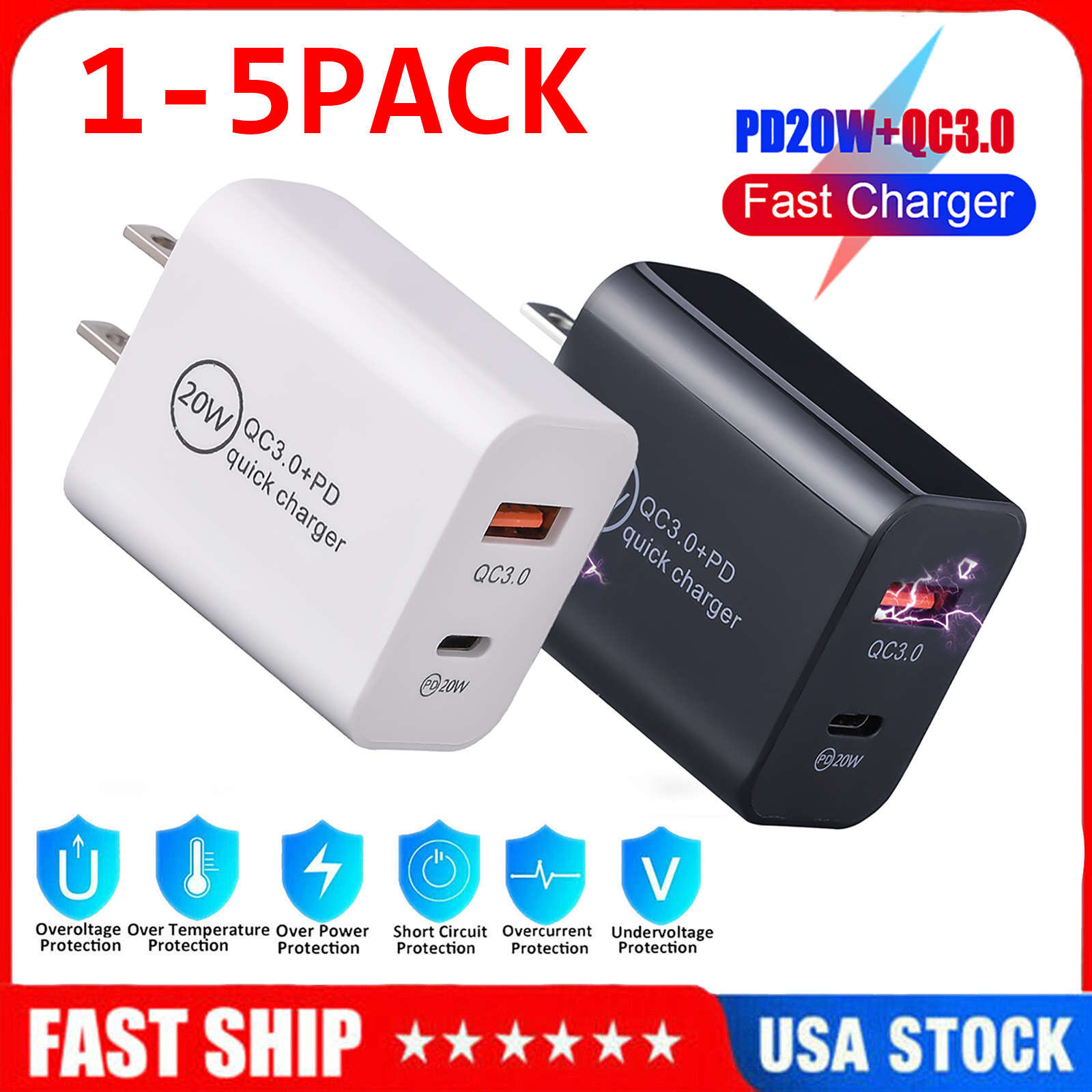 20W Dual Port USB-C PD QC 3.0 Fast Charger Wall Power Adapter 1-5x