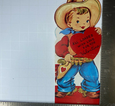 Vintage Valentine Greeting Card Die Cut Heart Blond Boy Suit Arrow 