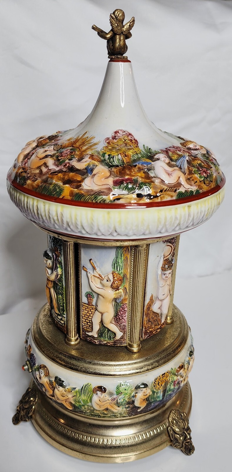 VINTAGE CAPODIMONTE REUGE ITALY CHERUB CAROUSEL LIPSTICK HOLDER MUSIC
