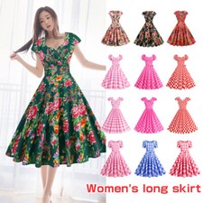 Women Floral Print Vintage Retro 50s 60s Swing Dress Short Sleeve Party Cocktail