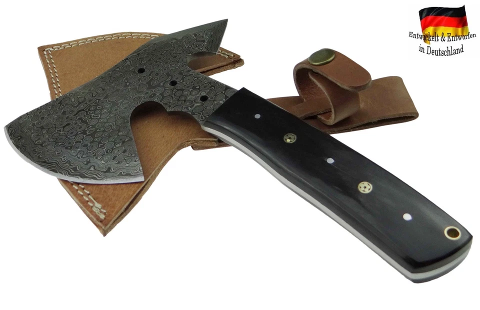 Damast Stahl Axt handgeschmiedet Mittelalter-Beil Wikinger Messer Buffalo Horn - Bild 4 von 4