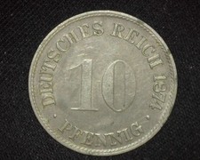 GERMANY 1874-C 10 PFENNIG EMPIRE  KM4 ABOUT UNCIRCULATED ~C76