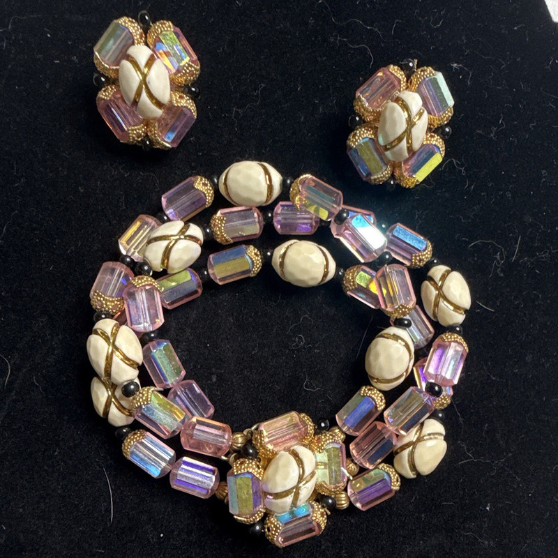 Vintage Bracelet & Clip-On Earrings Set Gold Tone Pink AB Crystal w/ plastic