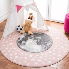 SAFAVIEH Carousel Kids 6'7" Round Pink/Grey Moon  Stars Non-Shedding Area Rug