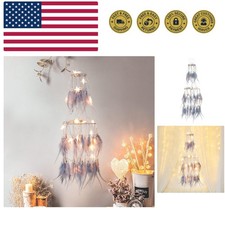 Double Circle White Feather Dream Catcher with Mobile LED Fairy Lights Wall H...