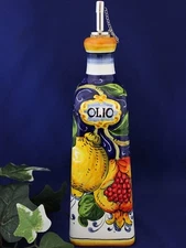 Tuscany Italian Pottery Lemons Pomegranate Jumbo Olive Oil Bottle Dispenser 24oz