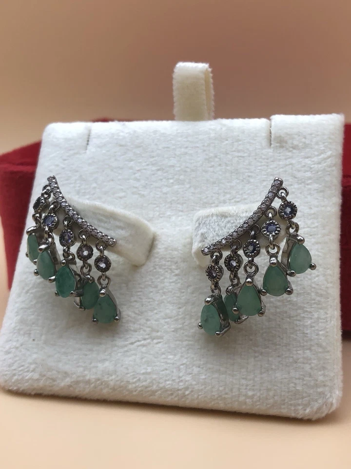 Natural Untreated Zambia Emerald & Tanzanite Dangle Earrings 925 Sterling Silver - Image 4 of 4