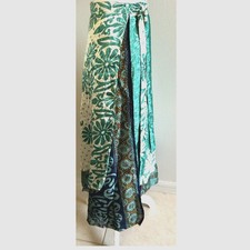 Vtg 100 Silk Boho Maxi Skirt Reversible Green Hippie Grunge Fairy Floral CYN OS