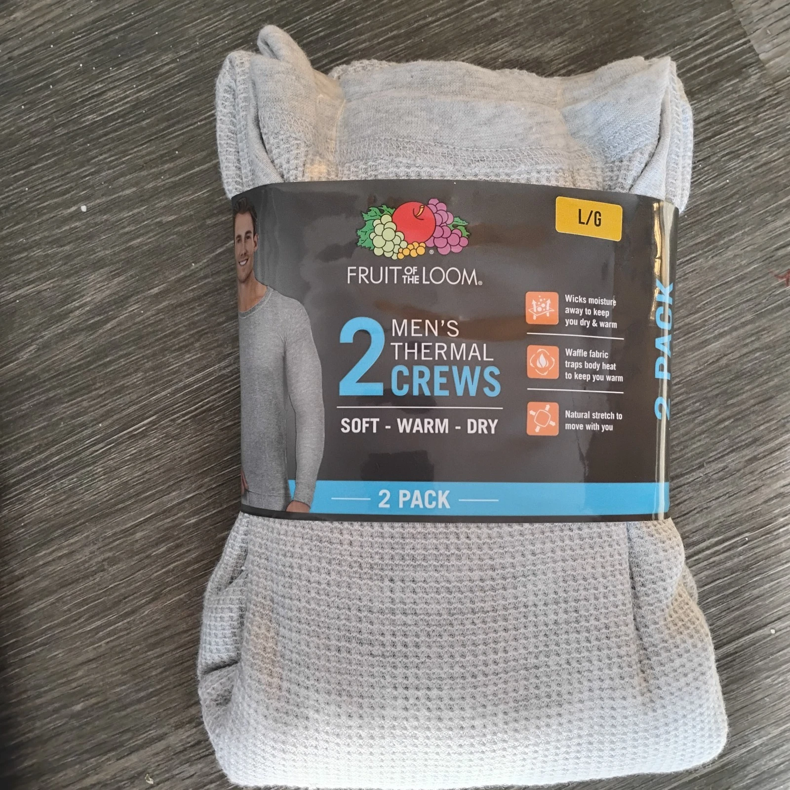 Fruit of the Loom 2 Pack Mens Thermal Crew Tops Gray Size Large L Wicks Moisture