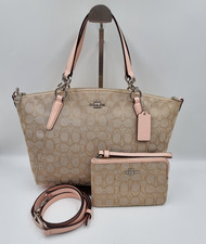 Coach Kelsey Light Tan Signature Jacquard Leather Satchel Bag + Pouch Set 27582