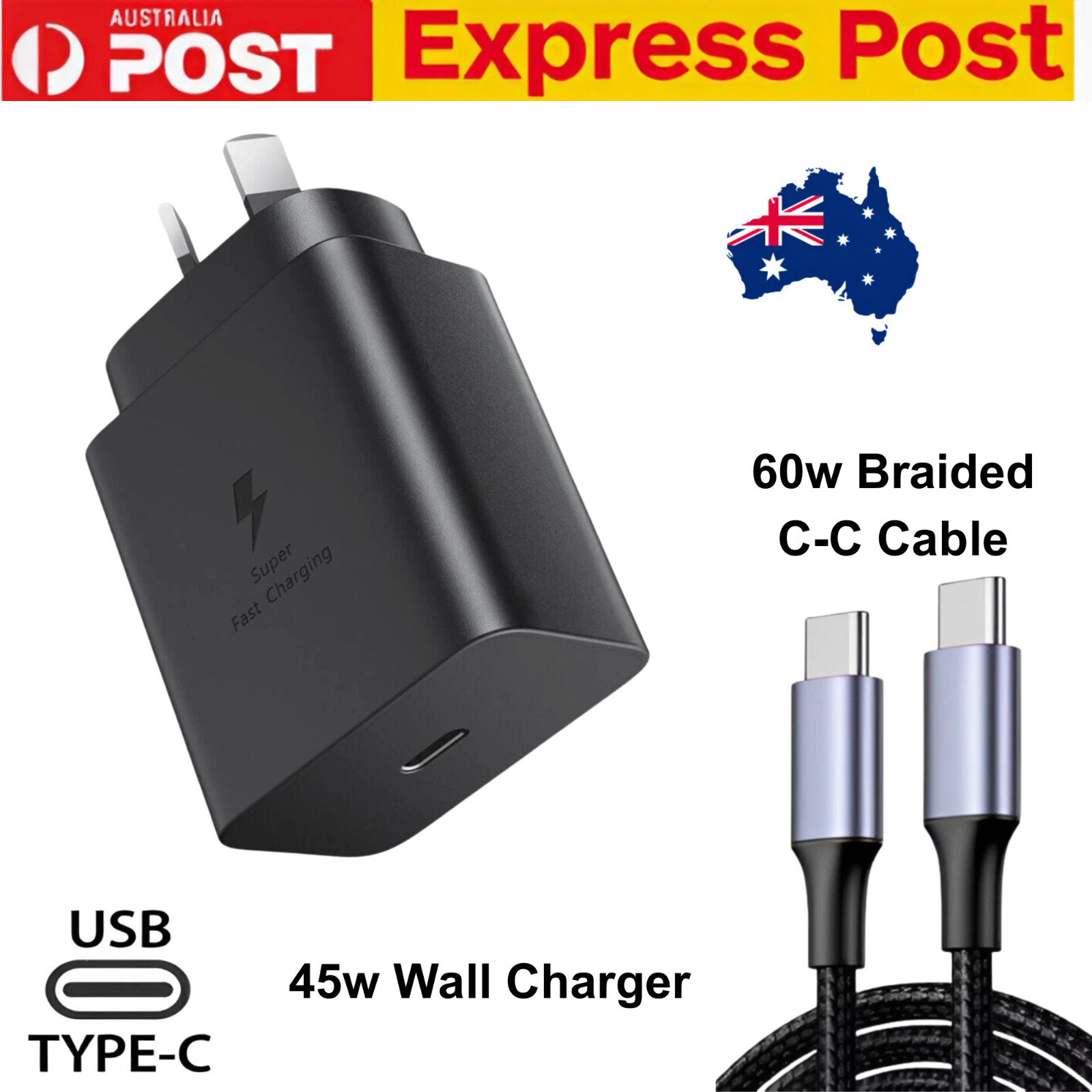 For Samsung 45W Super FAST Wall Charger PD Adapter & Type C USB-C Cable S23 S24