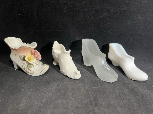 Lot of 4 Vintage White Milk Glass & Porcelain Miniature Shoe Figurines - Floral